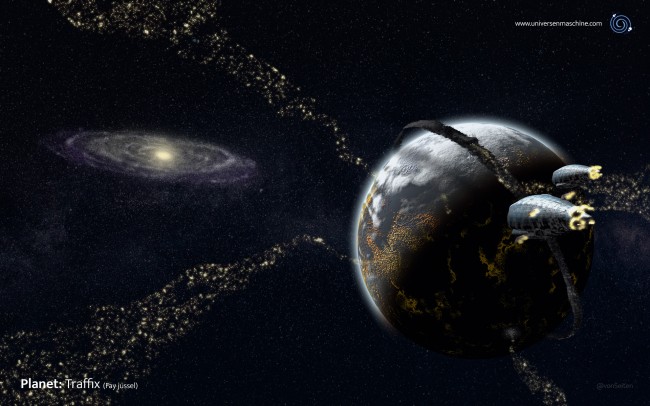 Planet Traffix mit den Handelschiffströmen und einem Frachter-Verband der [[Quell'Naa]]